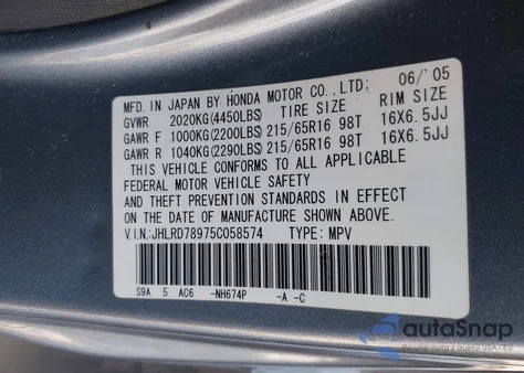 2005 Honda Cr-V Se z USA, uszkodzony, nr VIN JHLRD78975C058574